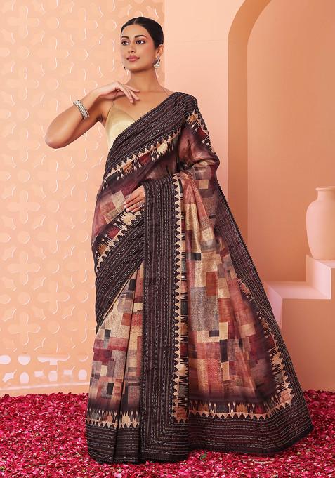 Brown Abstract Digital Print Saree With Blouse