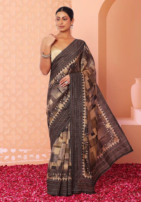 Moss Green Abstract Digital Print Saree With Blouse