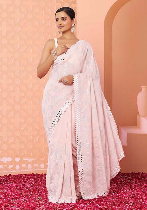 Pastel Pink Foil Print Mirror Embroidered Saree With Blouse