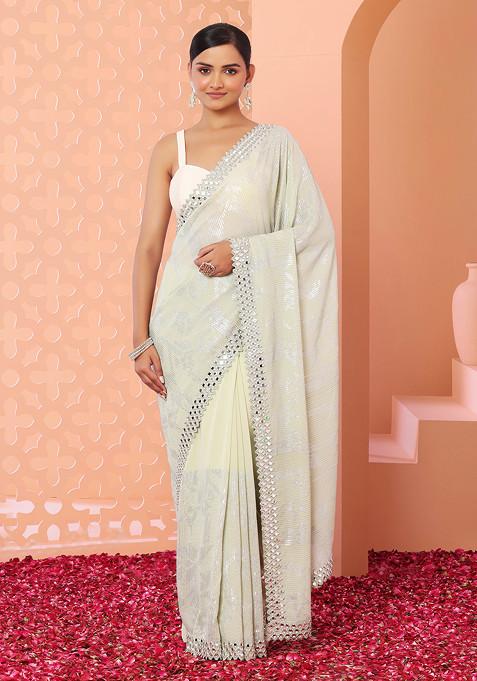 Pastel Green Foil Print Mirror Embroidered Saree With Blouse