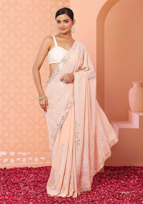 Peach Foil Print Mirror Embroidered Saree With Blouse