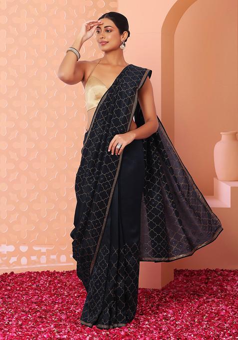 Charcoal Grey Stone Embellished Saree With Blouse