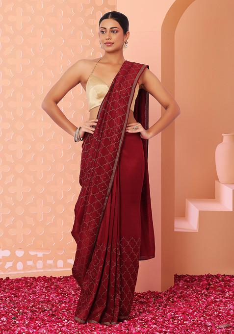Maroon Stone Embellished Saree With Blouse