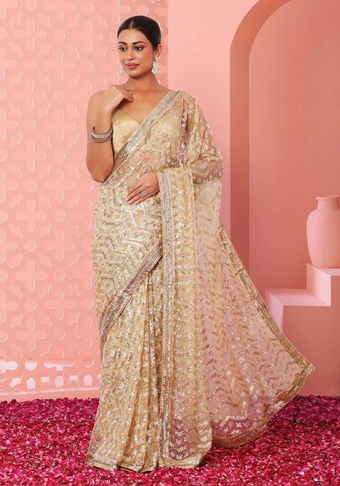 Gold Sequin Chevron Embroidered Mesh Saree With Blouse