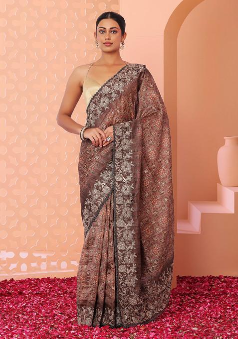 Brown Abstract Digital Print Silk Saree With Blouse