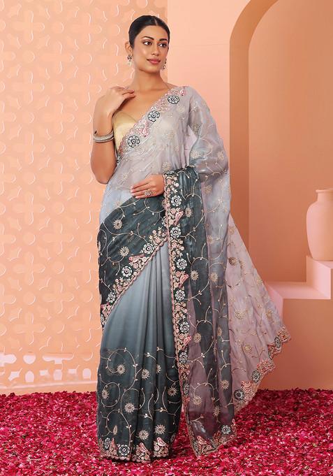 Green Floral Zari Embroidered Ombre Organza Saree With Blouse