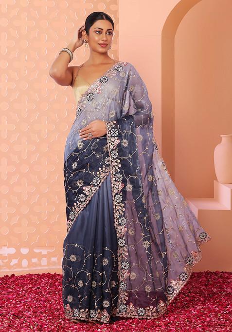 Blue Floral Zari Embroidered Ombre Organza Saree With Blouse