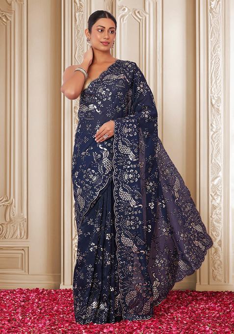 Navy Blue Foil Ethnic Embroidered Saree With Blouse