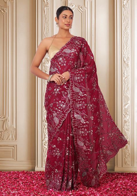Plum Foil Ethnic Embroidered Saree With Blouse