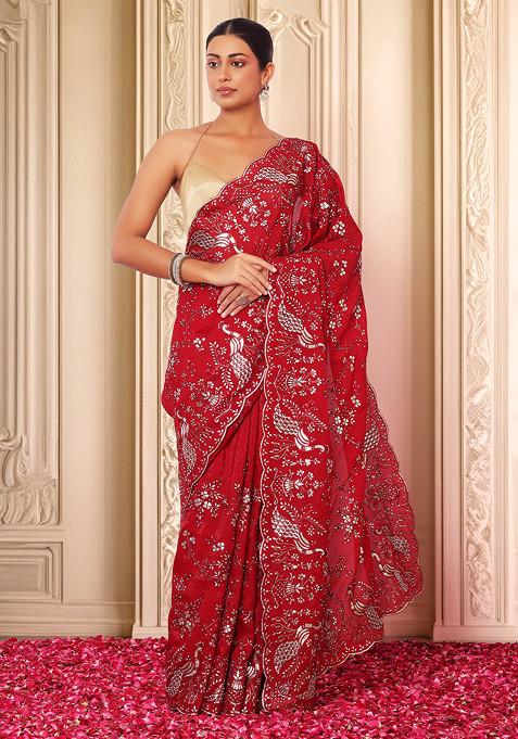 Maroon Foil Ethnic Embroidered Saree With Blouse