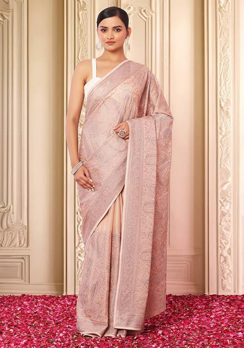 Blush Tonal Paisley Thread Embroidered Saree With Blouse