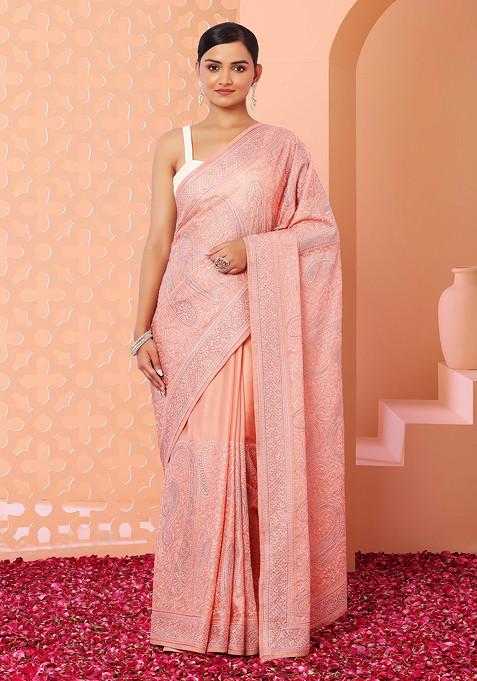 Peach Tonal Paisley Thread Embroidered Saree With Blouse