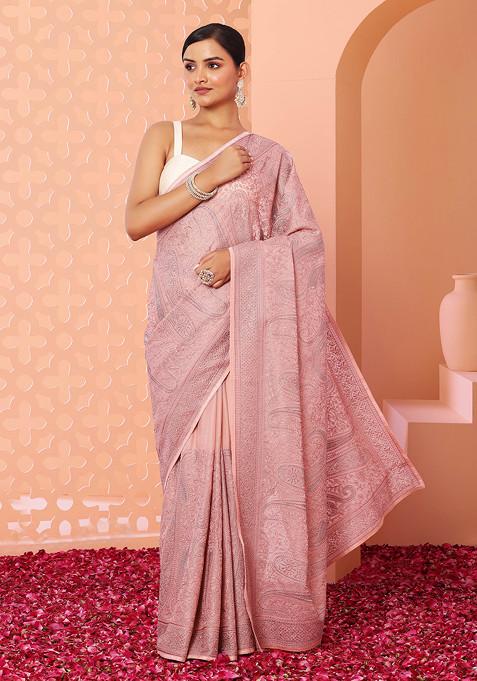 Dull Pink Tonal Paisley Thread Embroidered Saree With Blouse
