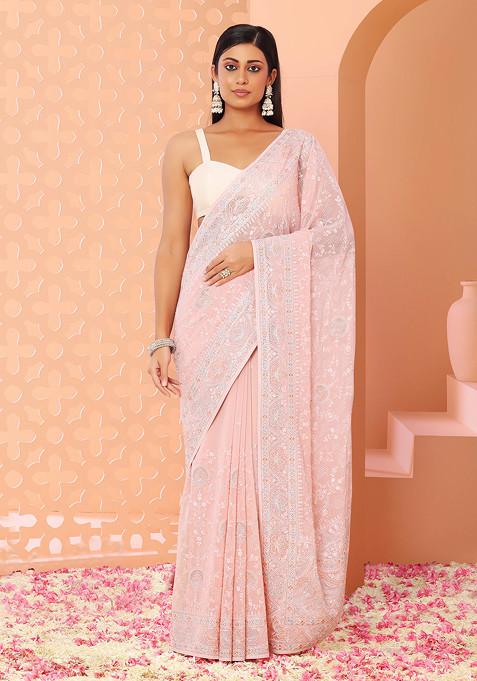 Pastel Pink Multicolour Floral Embroidered Saree With Blouse