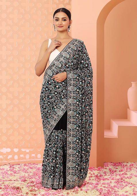 Black Multicolour Floral Embroidered Saree With Blouse