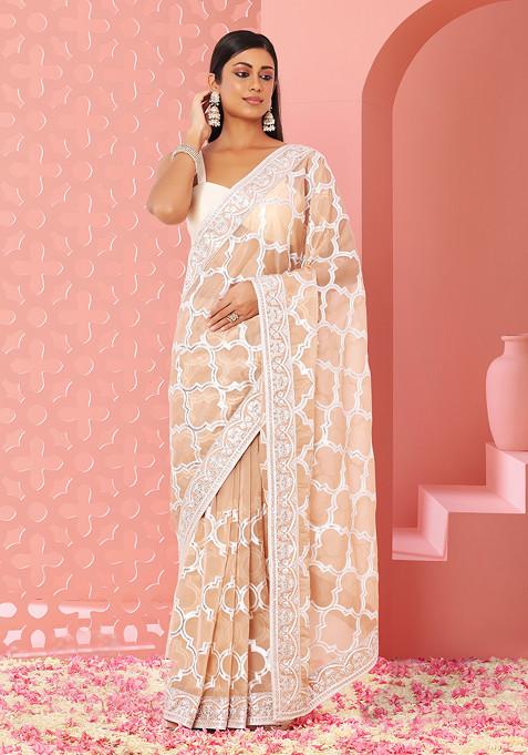 Peach Mughal Foil Embroidered Organza Saree With Blouse