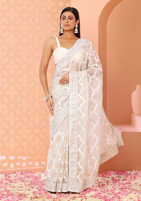 Light Grey Mughal Foil Embroidered Organza Saree With Blouse