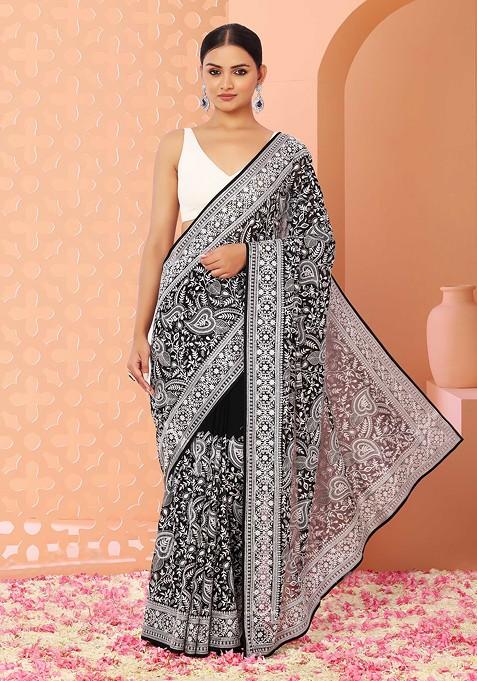 Black And White Floral Embroidered Saree With Blouse
