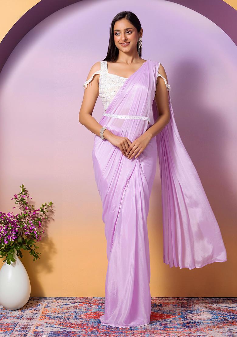 Enchanting Lavender Linen Silk Embroidery Saree With Silver Border -  Loomfolks