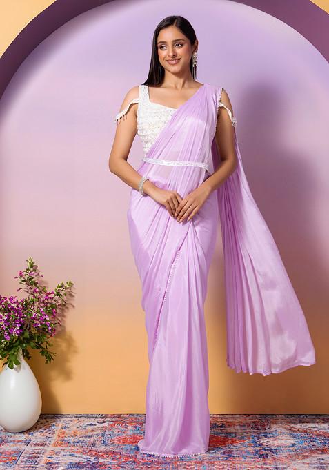 Lavender Pre-Stitched Saree Set With Contrast Hand Embroidered Blouse And Belt