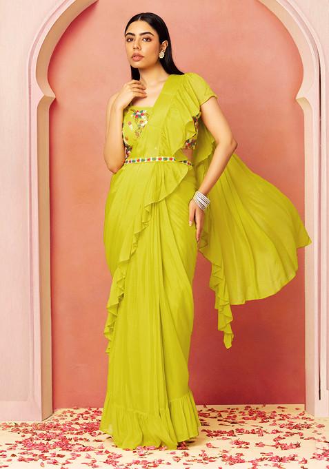 Green Ruffled Pre-Stitched Saree Set With Floral Embroidered Blouse And Belt
