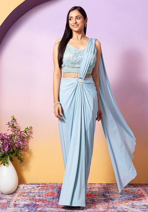 Powder Blue Pre-Stitched Saree Set With Floral Embellished Blouse