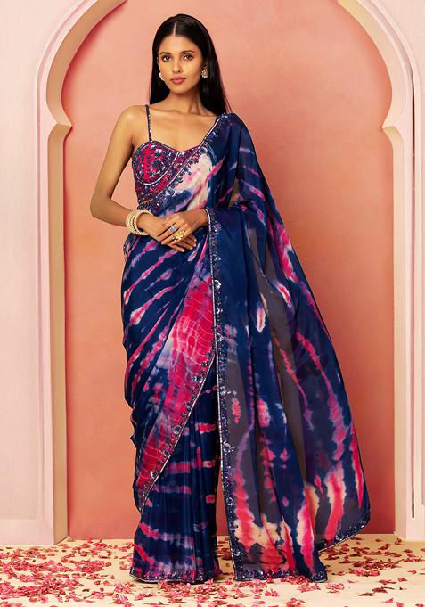Navy Blue Tie And Dye Print Saree Set With Embellished Blouse