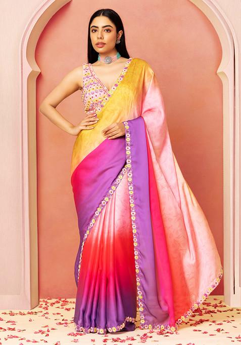 Pink Ombre Satin Saree Set With Multicolour Sequin Embellished Blouse 