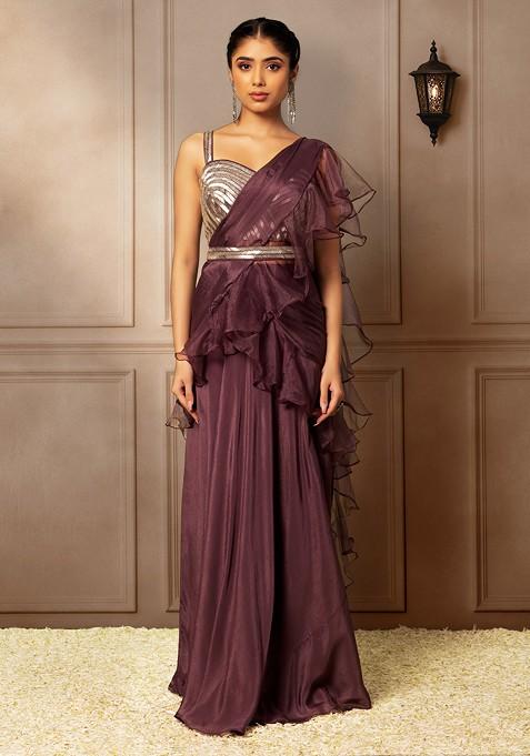 Mauve Pre-Stitched Saree Set With Embellished Blouse And Belt