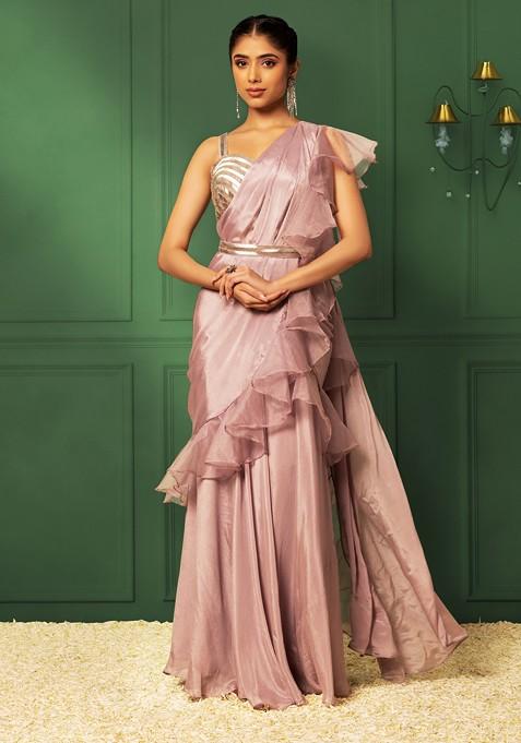 Lavender Pre-Stitched Saree Set With Embellished Blouse And Belt