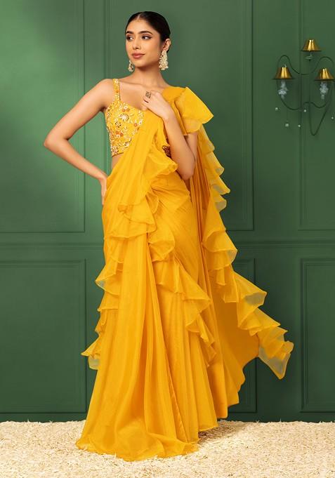 Yellow Pre-Stitched Saree Set With Floral Zari And Thread Embroidered Blouse