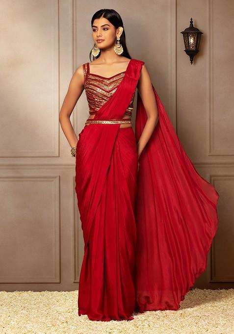 Berry Pink Pre-Stitched Saree Set With Sequin Embellished Blouse