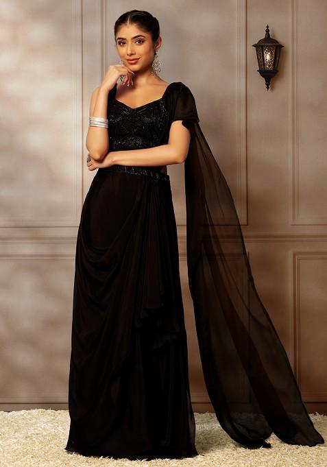 Black Chinon Pre-Stitched Saree Set With Embellished Blouse