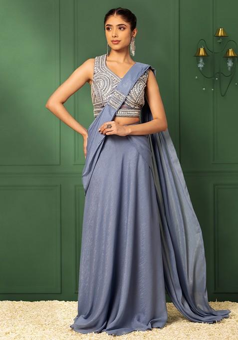 Blue Pre-Stitched Saree Set With Abstract Sequin Embellished Blouse