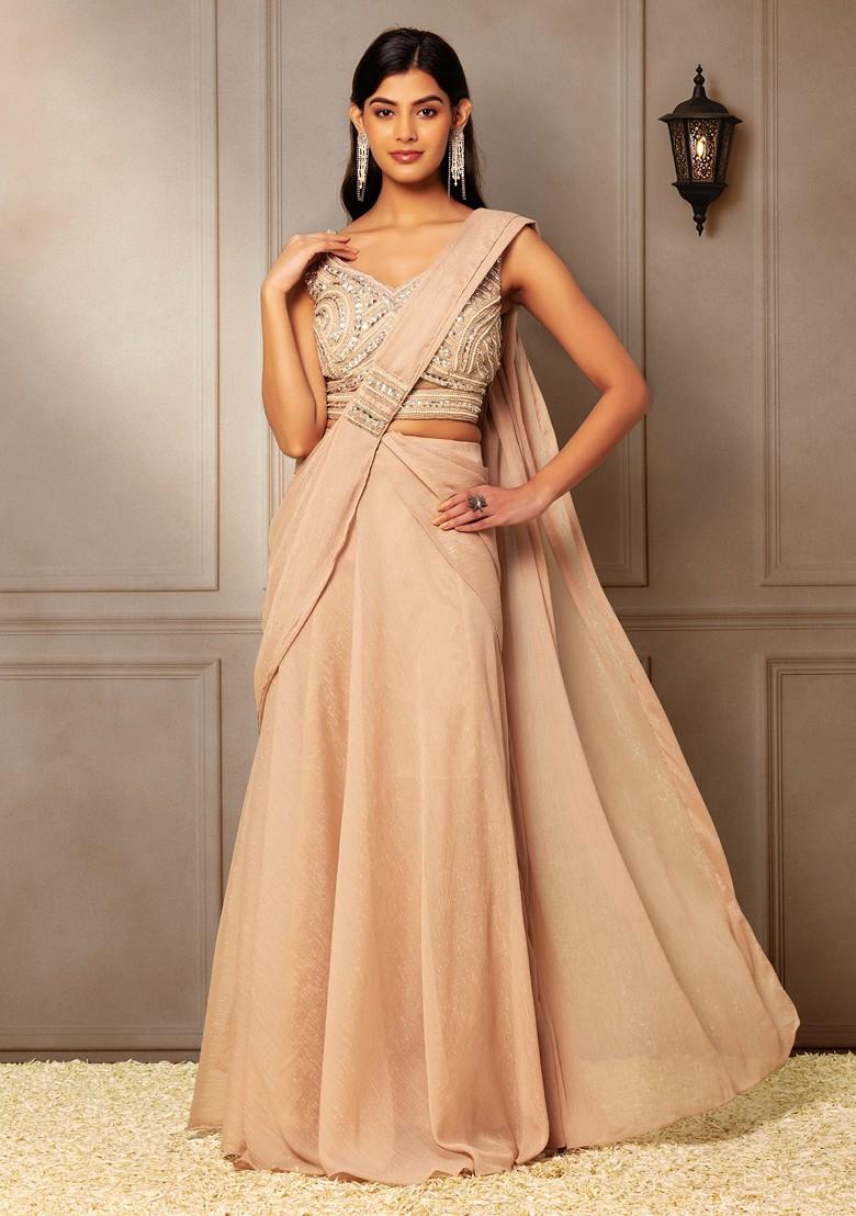 Mauve Grey Prism Saree Gown | Gowns dresses elegant, Stylish sarees, Long  blouse designs