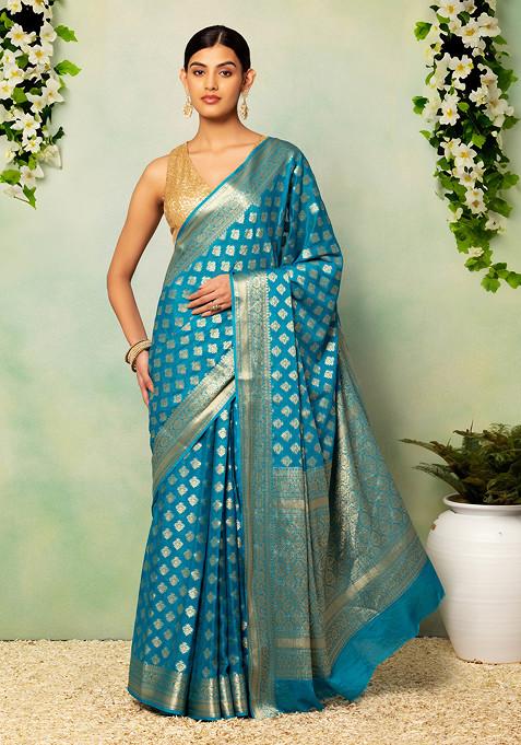 Turquoise Blue Floral Brocade Saree With Blouse