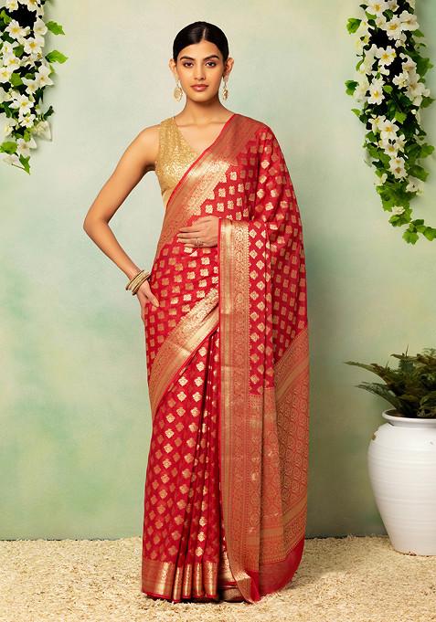Berry Pink Floral Brocade Saree With Blouse