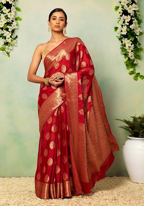 Berry Pink Floral Brocade Embroidered Saree With Blouse