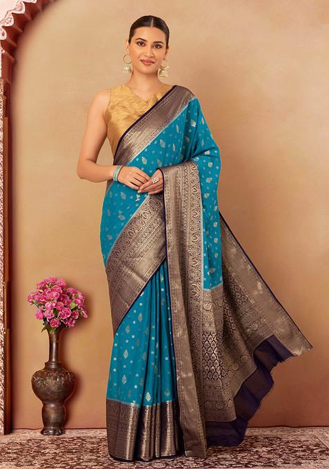 Turquoise Blue Paisley Brocade Saree With Blouse