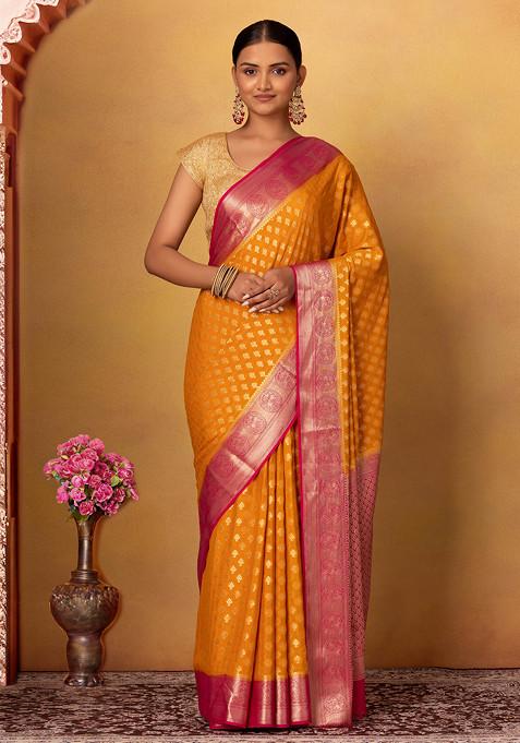 Mustard Floral Brocade Saree With Contrast Blouse