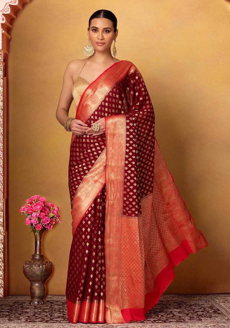 Saree Mall Maroon Silk Woven Saree With Unstitched Blouse