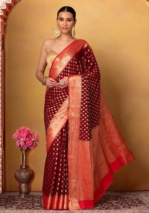 Maroon Floral Brocade Saree With Contrast Blouse
