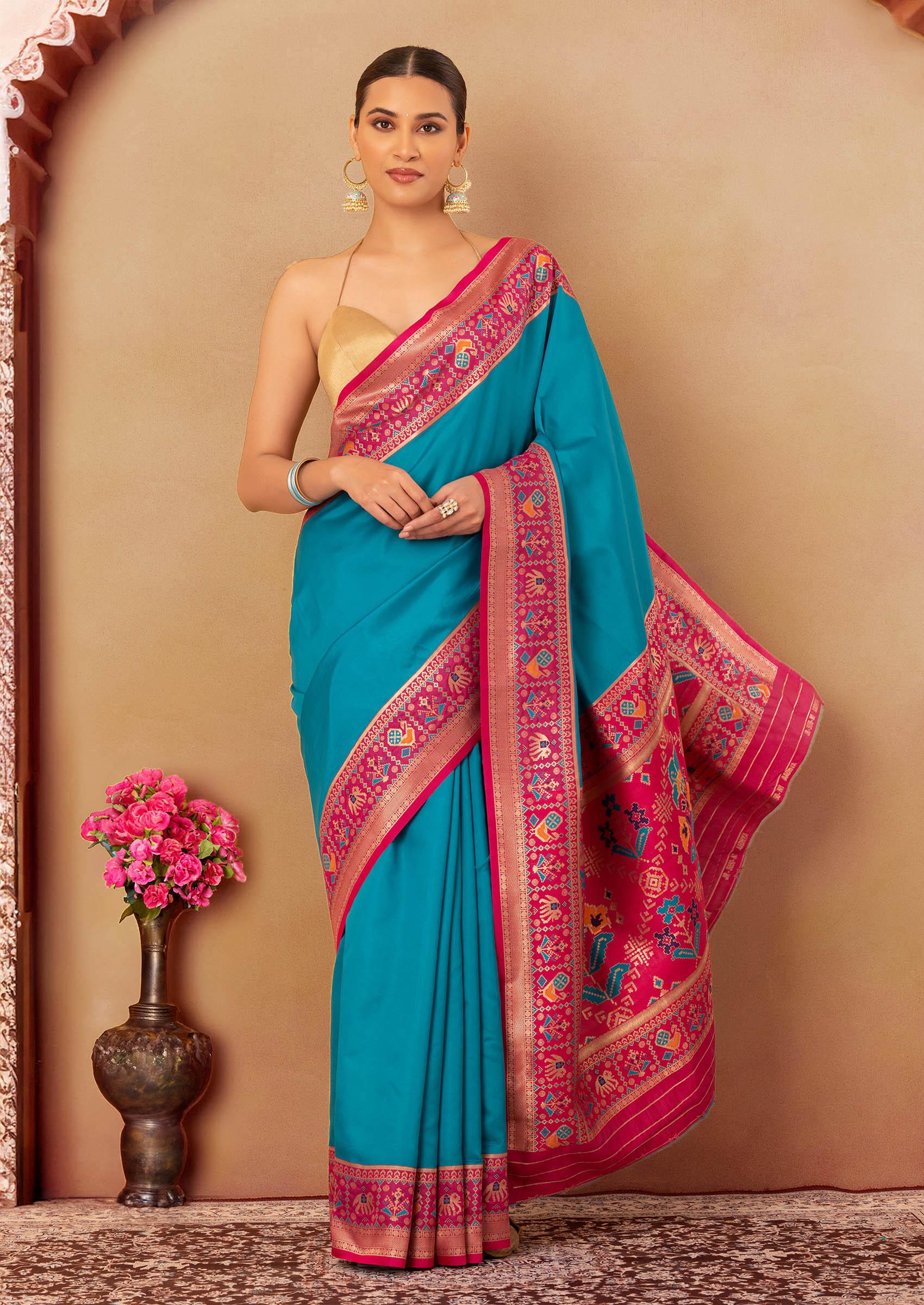 Peacock Blue Weaved Zari Silk Broad Border Saree SARV166125