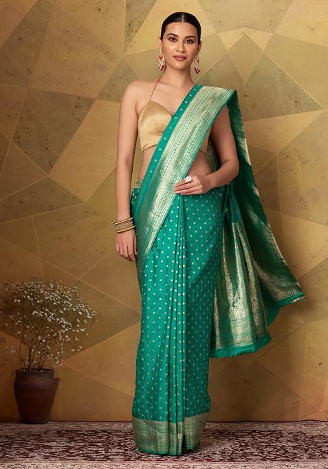 Turquoise Green Floral Brocade Silk Saree With Blouse