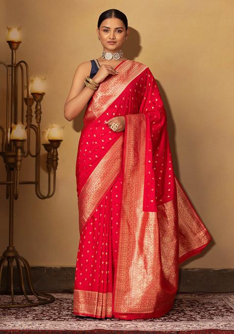 Red Floral Brocade Silk Saree With Blouse