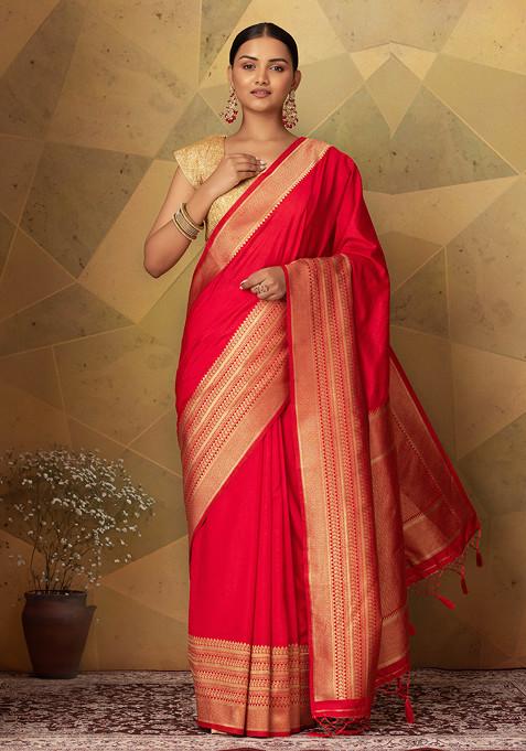 Red Bordered Brocade Silk Saree With Blouse