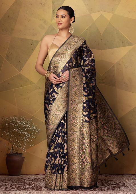 Navy Blue Floral Multicolour Embroidered Organza Saree With Blouse