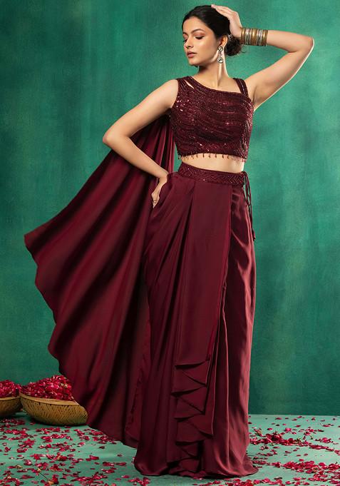 Maroon Satin Pre-Stitched Saree Set With Sequin Embellished Blouse