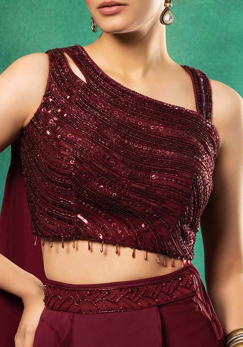 Women's Satin Maroon Embellished Designer Saree With Blouse Piece