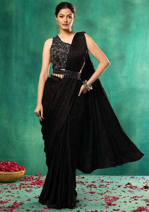 Black Pre-Stitched Saree Set With Abstract Embellished Blouse And Belt